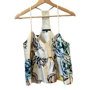 Tibi Silk Poplin Peplum Swing Top Floral Print Racerback